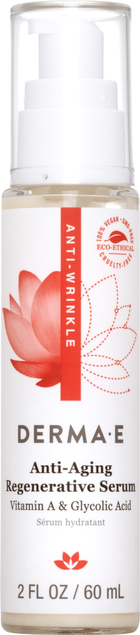 Een kleine fles anti-aging serum met een wit en rood label, bevat vitamine A en glycolzuur.