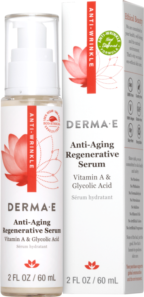 Een fles en doos van Derma E anti-aging regenererend serum met vitamine A en glycolzuur, voor huidvernieuwing en hydratatie.