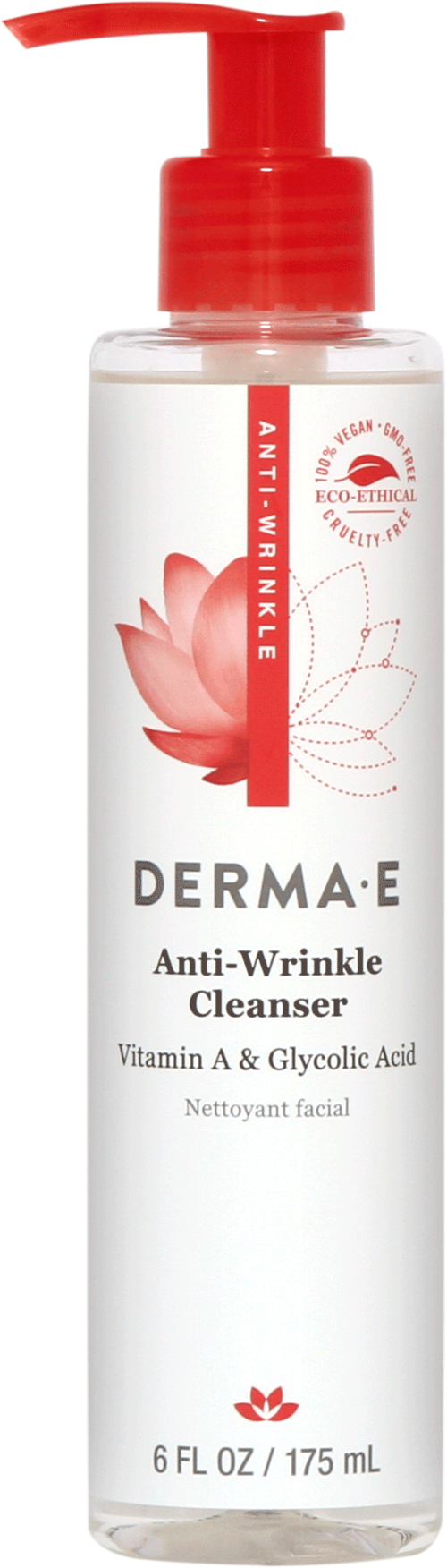 Fles met Derma E anti-rimpel reiniger met rode pomp en lotusbloemontwerp.