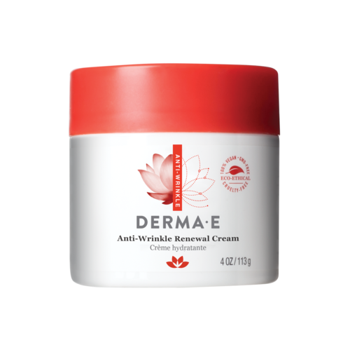 Een witte pot met een rood deksel, gelabeld 'DERMA E Anti-Wrinkle Renewal Cream,' met een lotusbloem en eco-symbool.