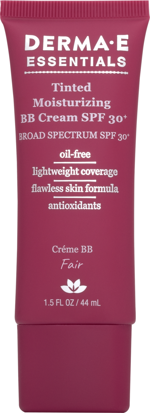 En rosa tub med Derma-E Essentials färgad BB-kräm med SPF 30, lätt och oljefri, för felfri hud.