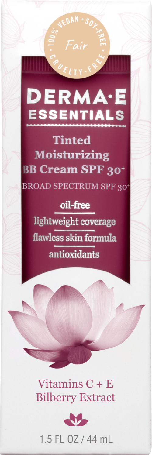 En förpackning av Derma E Essentials färgad återfuktande BB-kräm med SPF 30, vitamin C E och blåbärsextrakt. Rosa och vit förpackning.