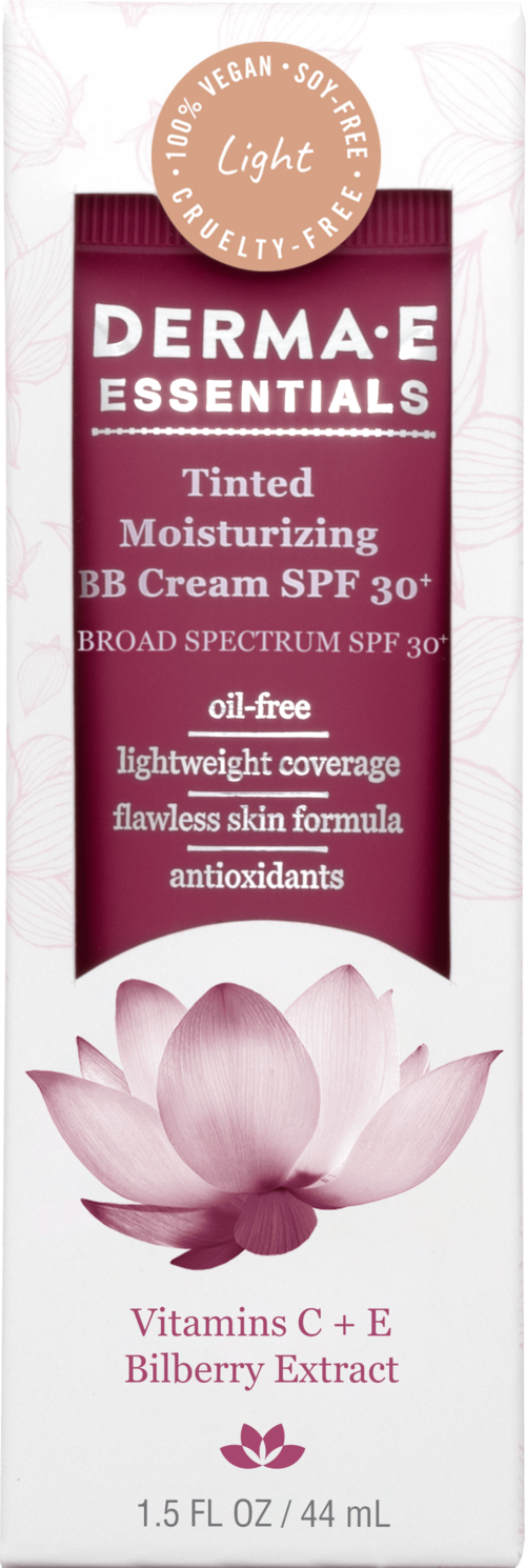 En tub med Derma E Essentials tonad dagkräm med SPF 30, med lotusblomma och ingrediensinfo.