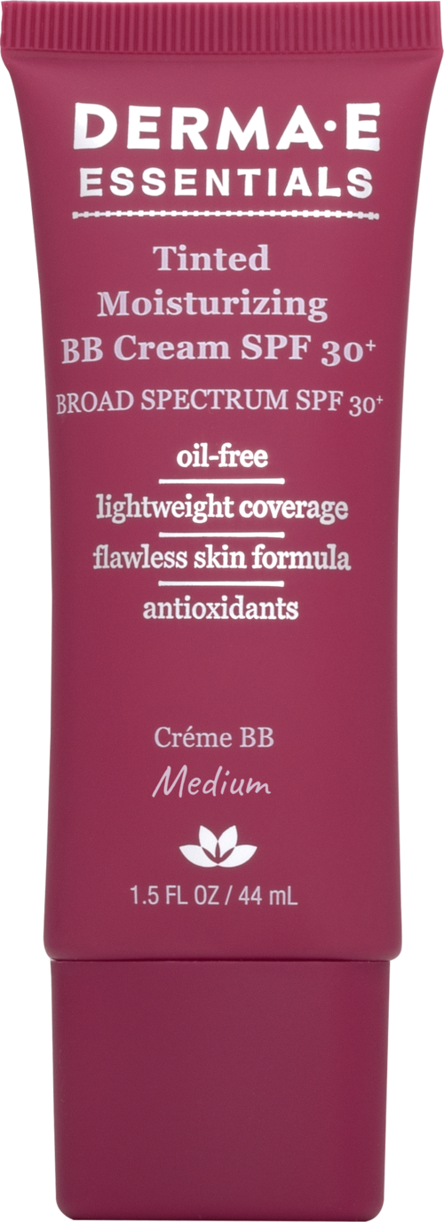 En rosa tub med Derma E Essentials färgad fuktighetskräm med SPF 30+ och bredspektrumskydd, 44 ml.