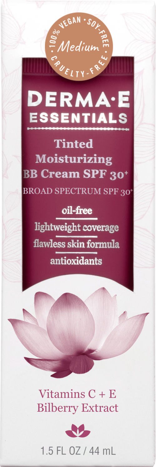 En tub med Derma-E Essentials färgad fuktighetskräm med SPF 30, rosa färg och en lotusblomma. Framhäver naturliga ingredienser.