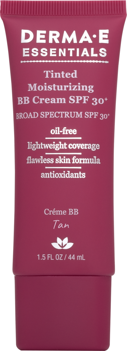 En rosa tub med Derma E Essentials Tinted Moisturizer med SPF 30+ för solbrun hud, 44 ml, med produktinformation.