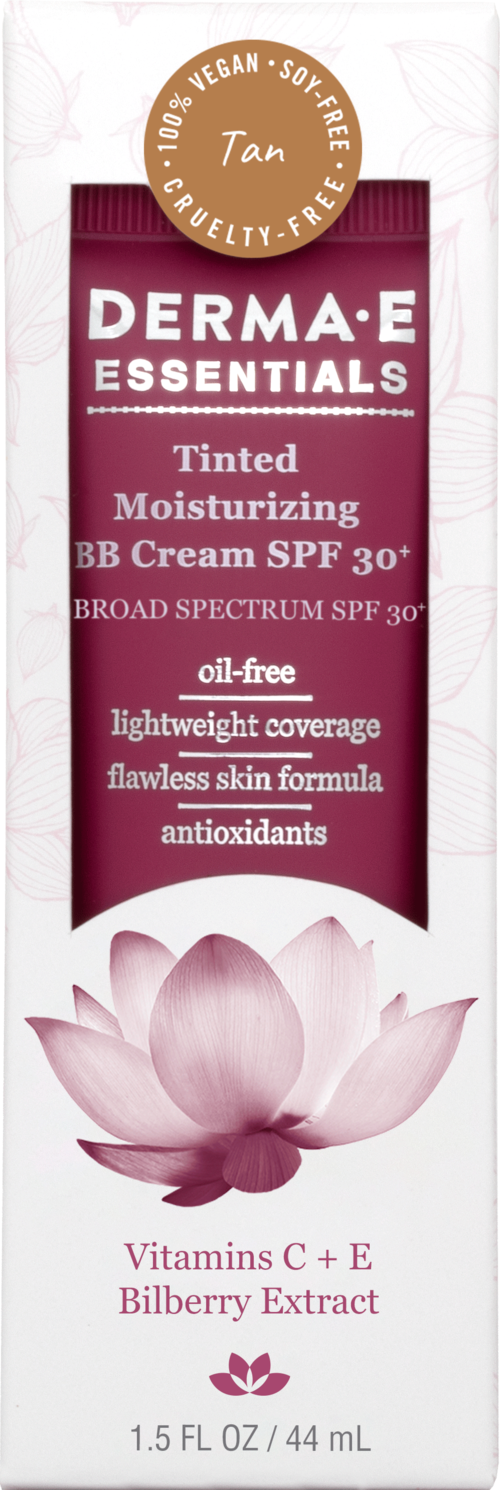 En tub med Derma E Essentials tonad fuktighetskräm med SPF 30, med en lotusblomma, och märkt cruelty-free, vegan och solbränna.