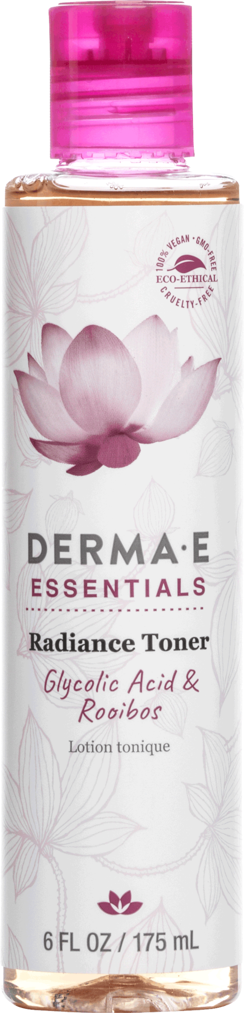 A tall, clear bottle with pink cap, labeled Derma-E Essentials Radiance Toner with a lotus flower, contains 175 mL.