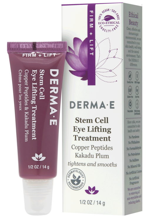 Lilla tube og eske for Derma-E øye løftende behandling med ingredienser som kobberpeptider og Kakadu-pære.