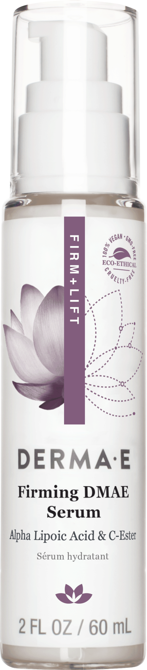 Een wit flesje met paarse en zwarte label, met Derma E Firming DMAE Serum, met pomp. Het toont een lotusbloemontwerp.