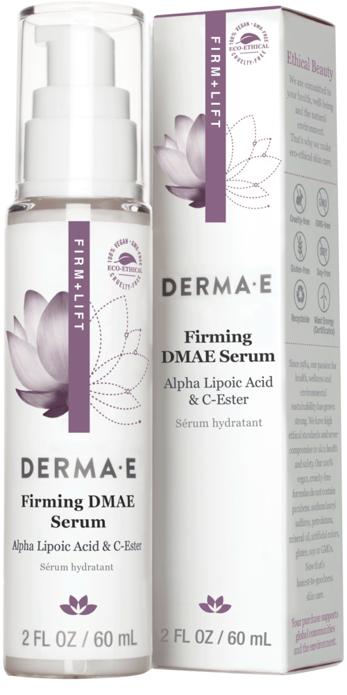 Een witte fles en doos met paarse bloemontwerpen, gemarkeerd 'DERMA E Firming DMAE Serum,' een huidverzorgingsproduct.