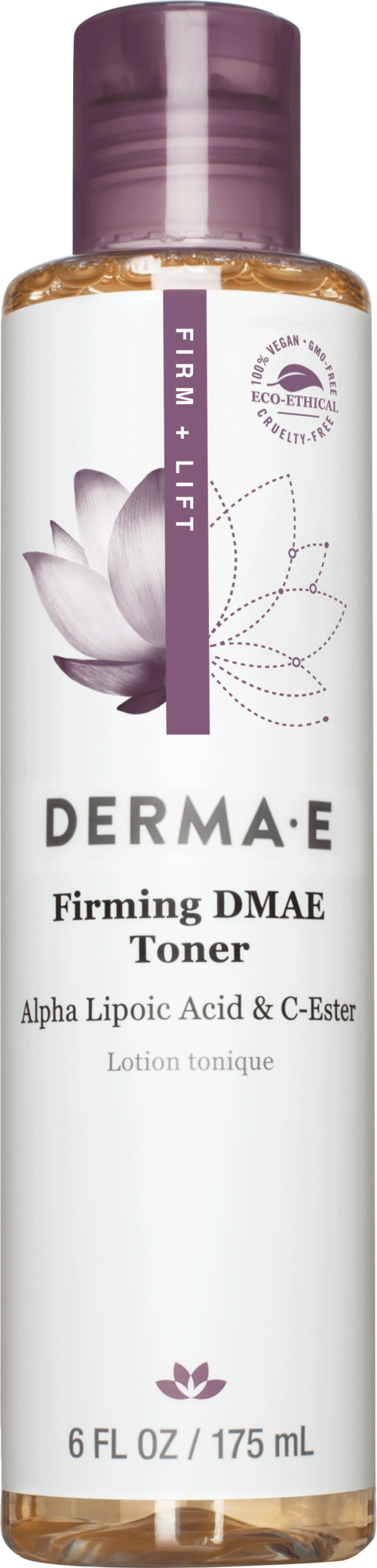 Een witte fles met paarse dop, gemarkeerd Derma-E Firming DMAE Toner, bevat vloeistof, vermeldt alpha lipoic acid en C-ester.