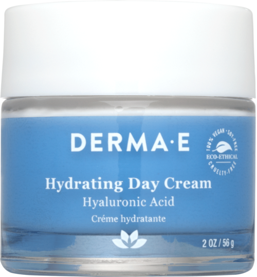 Blauwe pot met Derma E Hydrating Day Cream met witte deksel, gelabeld met ingrediënten en productdetails.