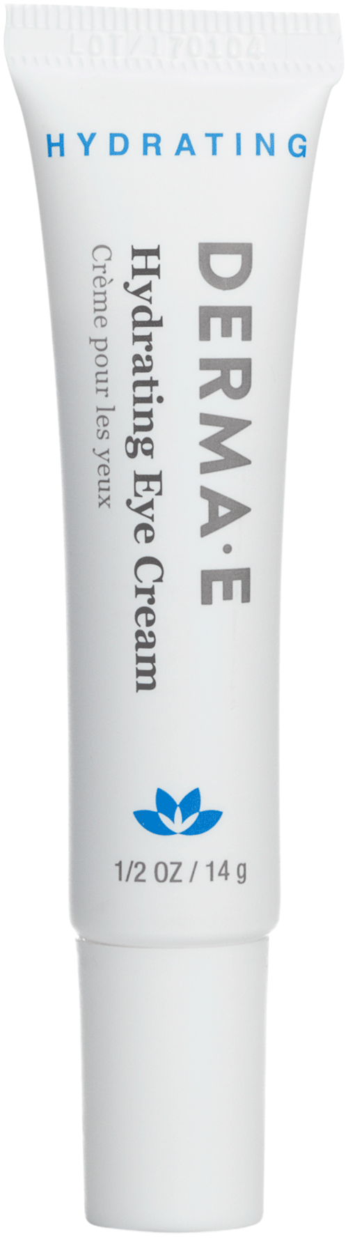 Een witte tube met de tekst 'DERMA E Hydrating Eye Cream' in blauwe letters en een klein blauw bloemenlogo.