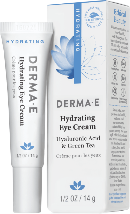 Een tube van Derma E hydraterende oogcrème met blauw bloemenontwerp, en een doos met productdetails en voordelen.