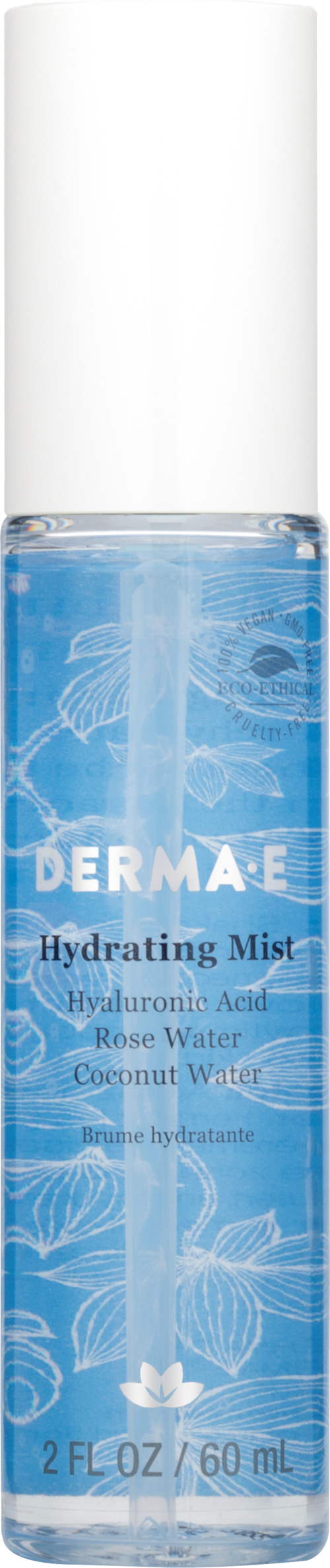 Doorzichtige blauwe hydraterende spray in een lange fles, bevat hyaluronzuur, rozenwater en kokoswater, voor hydratatie van de huid.