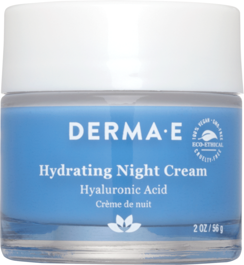 Blauwe pot met witte deksel, label Derma-E Hydrating Night Cream met hyaluronzuur, vegan en dierproefvrij.