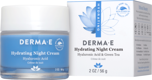Een pot en doos met Derma-E Hydrating Night Cream met hyaluronzuur en groene thee voor hydratatie van de huid.
