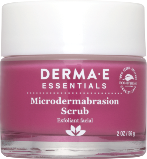Pink burk med vit lock, står 'DERMA-E Essentials Microdermabrasion Scrub, exfoliant facial.'