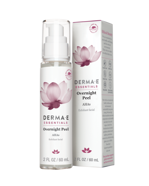 Ihohoitotuote nimeltä Derma E Essentials Overnight Peel, jossa on lootuskukka pakkauksessa ja pullossa.