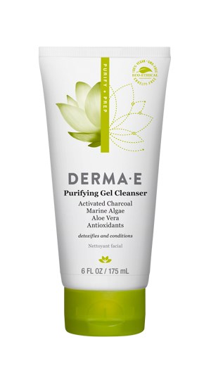 Valkoinen putkilö, vihreä kansi, nimeltä Derma E Puhdistava geeli, aloe ja aktiivihiili, kasvojen puhdistukseen.