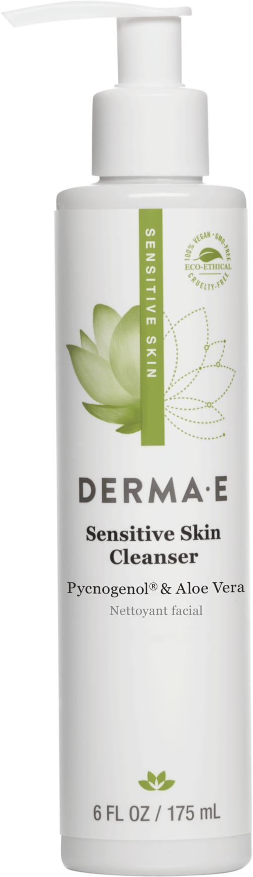 Een witte flesje van Derma E Sensitive Skin Cleanser met pomp, gelabeld met groene en zwarte tekst en een plantenafbeelding.