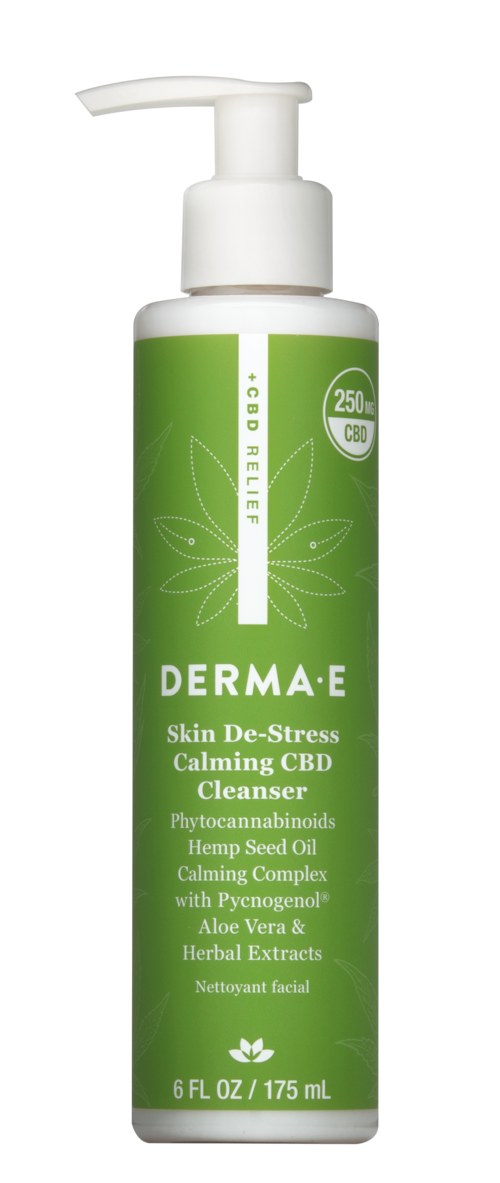 A green bottle of Derma E facial cleanser with a pump, featuring CBD and plant ingredients, size 6 fl oz.
