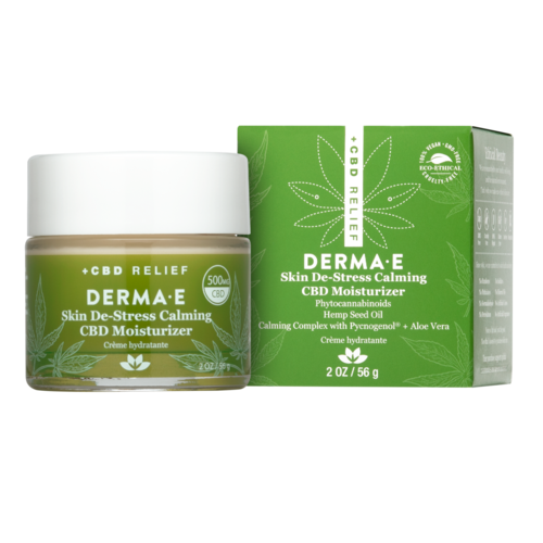 Vihreä purkki ja laatikko Derma E CBD -voiteelle, rauhoittavaan ihoon, hampinsiemenöljyllä ja aloe veralla.