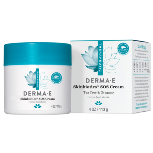 A jar and box of DERMA E Skinbiotics SOS Cream with tea tree and oregano for skin care.