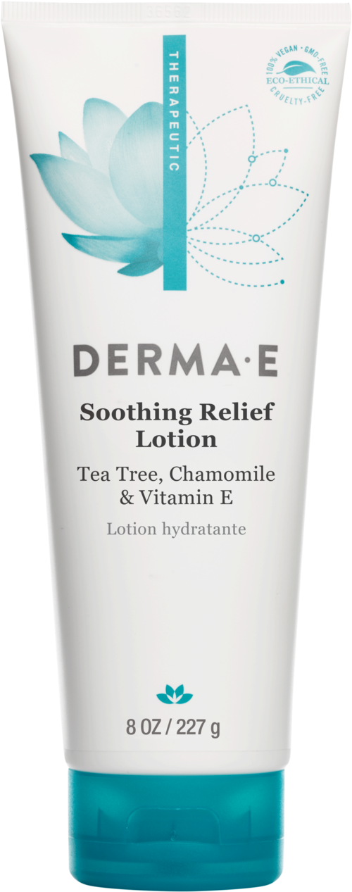 A tube of soothing relief lotion with a blue lotus and a butterfly on the front. It contains tea tree, chamomile, and Vitamin E.