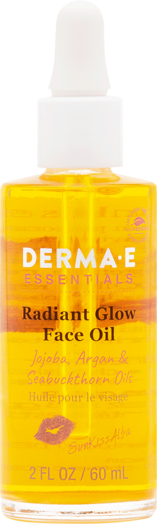 Een gele fles met gezichtsolie en pipetdop, gemarkeerd 'DERMAE ESSENTIALS Radiant Glow Face Oil'.