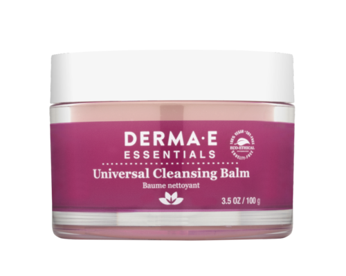 Pinkki purkki, jossa lukee Derma E Essentials Universal Cleansing Balm. Siinä on valkoinen kansi, ja se väittää sisältävän ekologisia ainesosia.