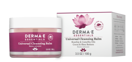 Ihohoitotuote nimeltä Derma-E Essentials Universal Cleansing Balm pinkillä ja valkoisella purkilla ja laatikolla.