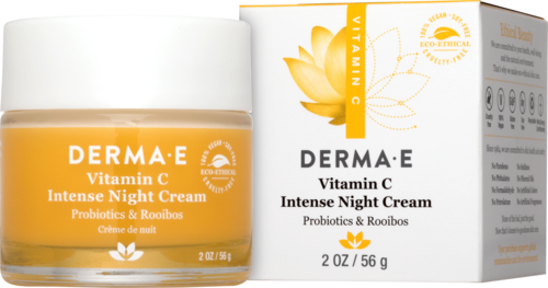 Een potje gezichtscrème en een doos met een gele bloem, zegt vitamine C, voor nachtgebruik, met probiotica en Rooibos.