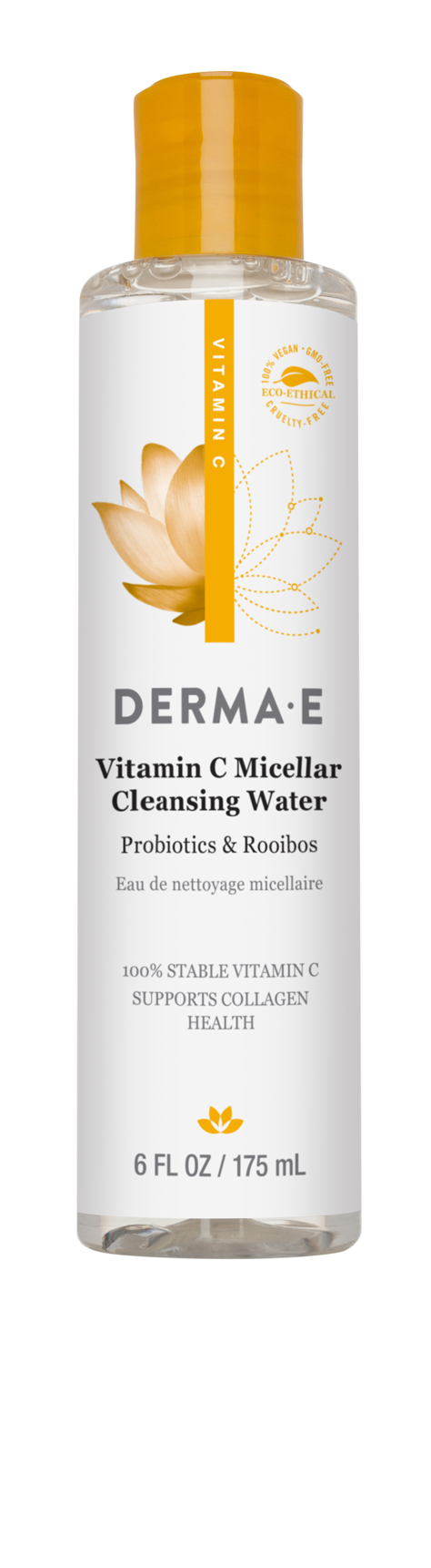 Een duidelijk flesje van Derma-E Vitamin C Micellar Cleansing Water met gele dop, bloem- en tekstopmaak.