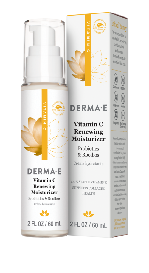Een witte en gouden fles met pomp, gelabeld 'DERMA-E Vitamin C Renewing Moisturizer' met bloemen- en zoniconen.