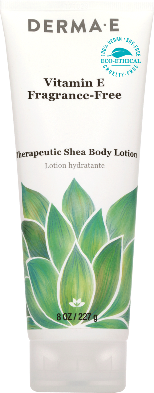 Valkoinen puteli Derma-E Shea Body Lotion, vihreä lehden kuva, merkattu hajusteettomaksi ja ekologisesti eettiseksi.