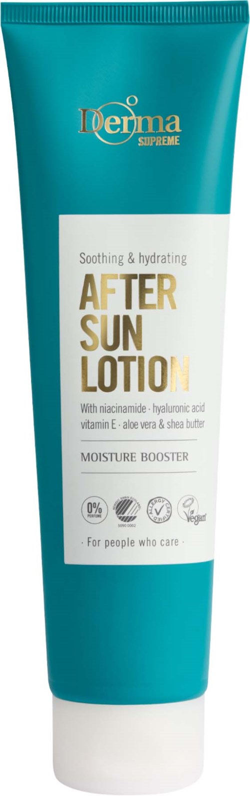 A teal tube of after sun lotion with white label, product details, and icons for skin care benefits.