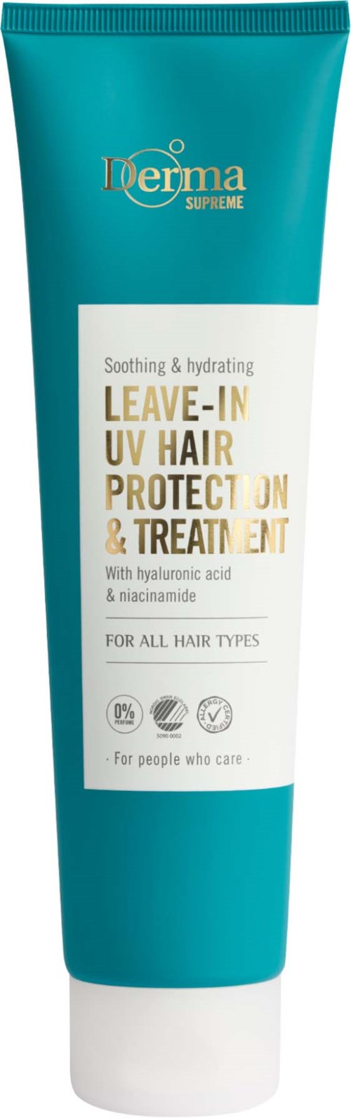 A teal tube of Derma Supreme leave-in UV hair protection and treatment for all hair types.