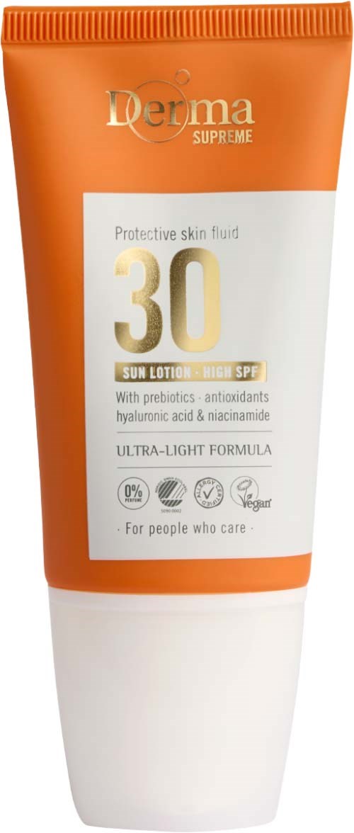 An orange and white tube labeled Derma Supreme with SPF 30 sunscreen for skin protection.