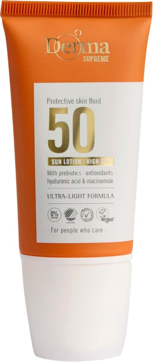 An orange and white tube of Derma Supreme sun lotion with SPF 50 and protective skin features.
