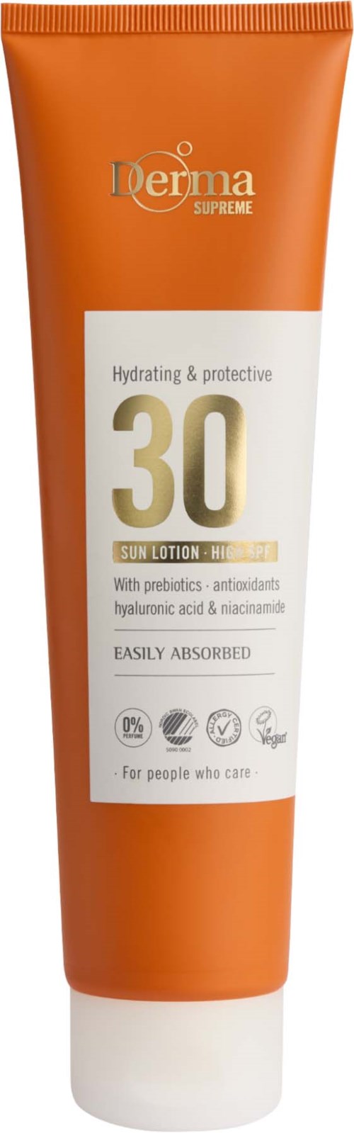 An orange bottle of sunscreen lotion with SPF 30, labels for hydration and protection, and details about ingredients and usage.