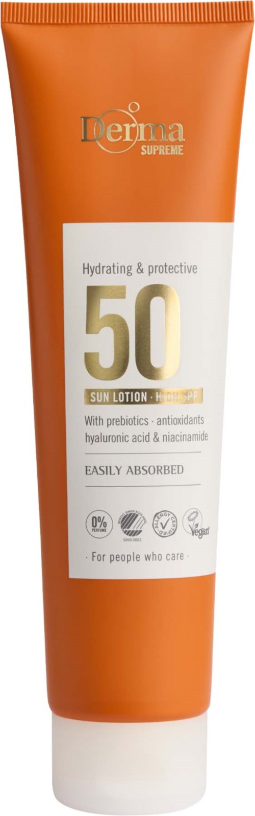 Orange sunscreen lotion tube with SPF 50, for hydration and protection, suitable for sensitive skin.