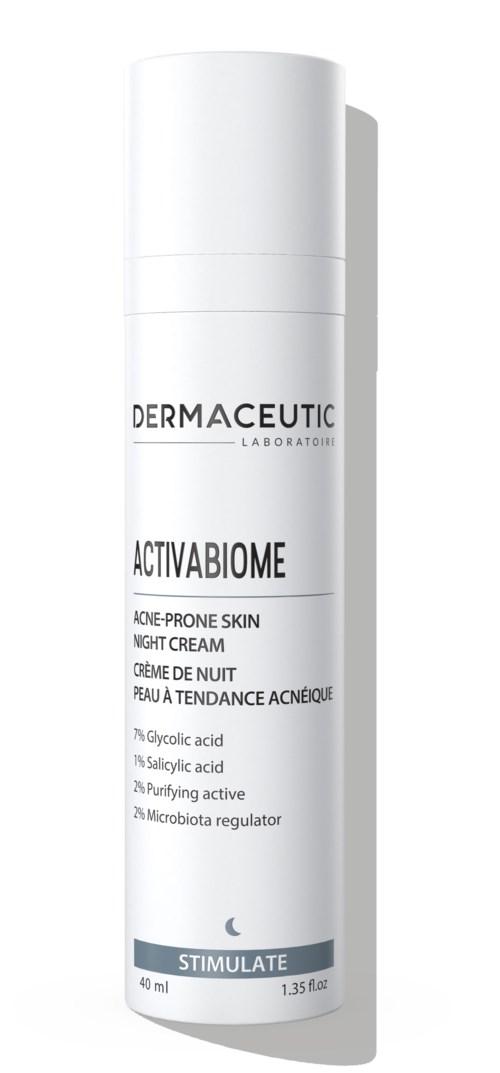 A white bottle of Dermaceutic Activabiome night cream with product details and ingredients listed.