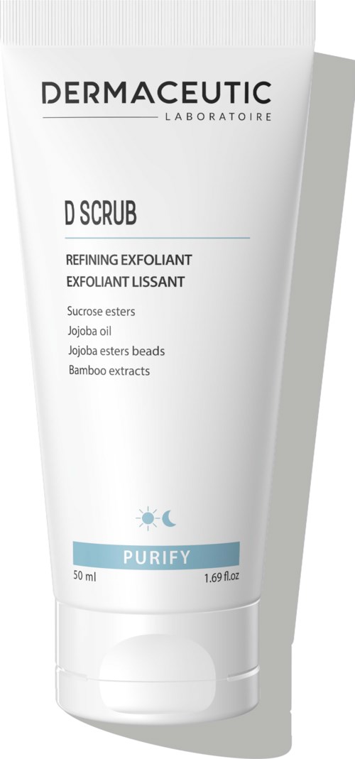 White tube of D Scrub with black and blue text, ingredients listed, and a light blue Purify label.