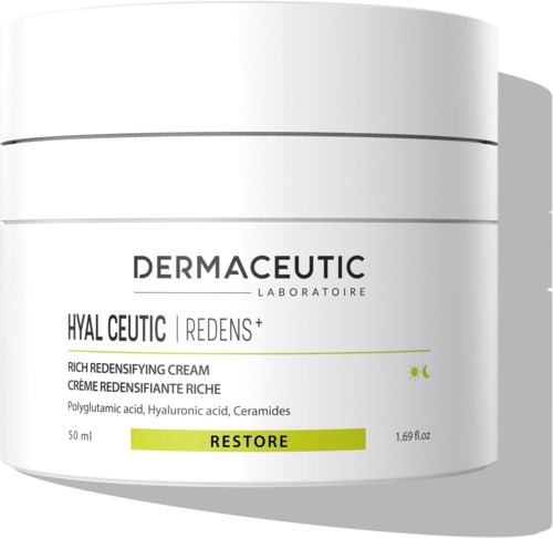 The jar shows skincare cream named Hyal Ceutic by Dermaceutic, labeled as a rich redensifying cream for skin renewal.