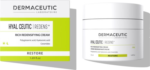 A skincare product called Hyal Ceutic, with a cream container and box. It claims to restore skin and contains hyaluronic acid.