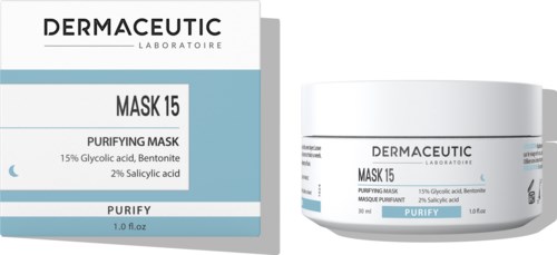 Skincare product in a container and box, labeled as Purifying Mask 15, with ingredients like glycolic and salicylic acid.