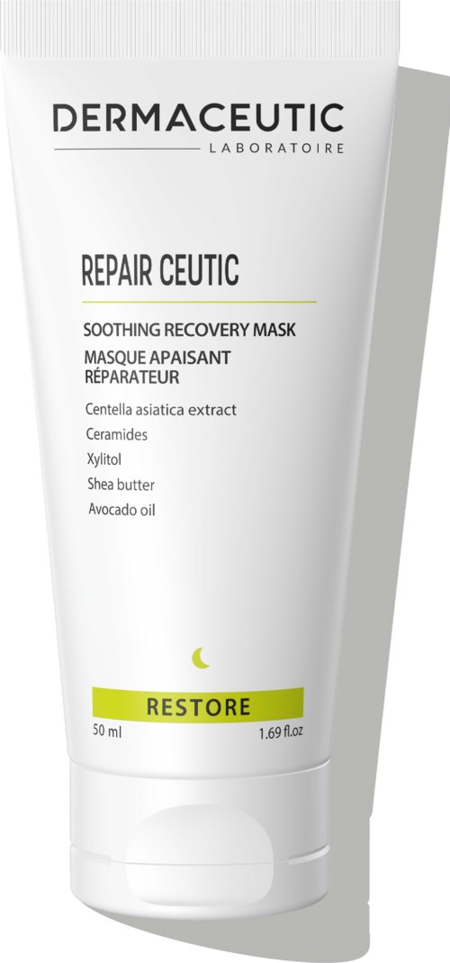 White tube with black text for DERMACEUTIC Repair Ceutic soothing recovery mask, 50 ml, with green and yellow highlight.