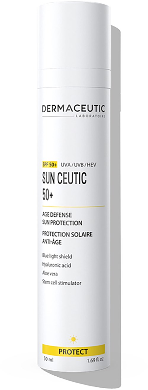A white cylindrical bottle labeled DermaCeutic Sun Ceutic with SPF 50+, offering sun protection and age defense.